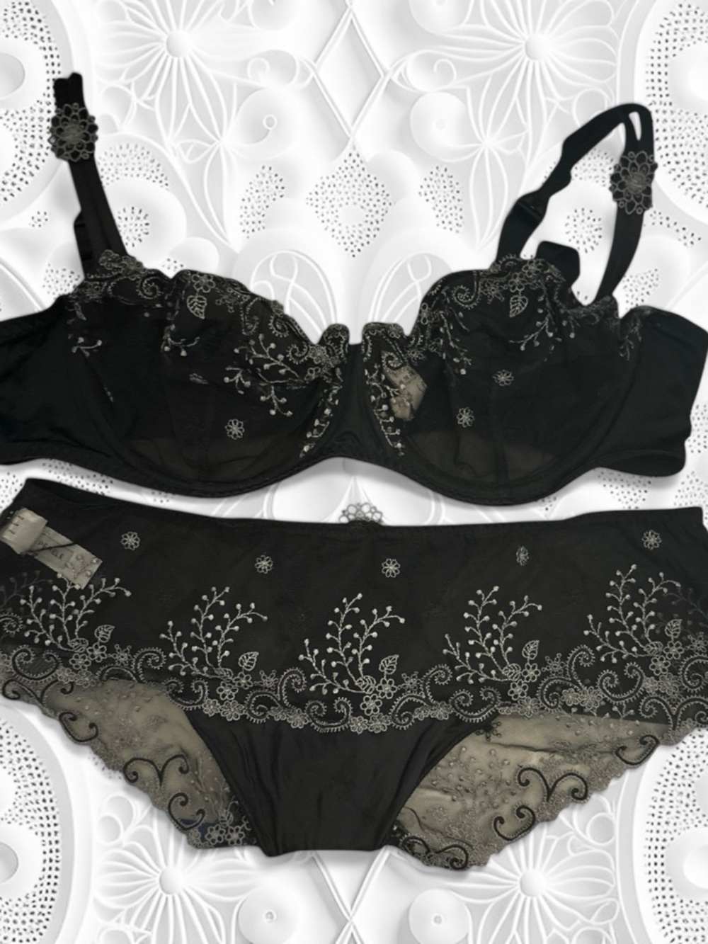 Simone Perele Black Embroidered Lace Bra 38C and Brief size 4 Set